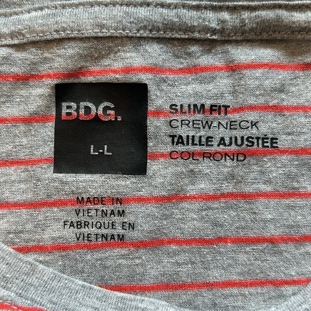 BDG Urban Outfitters Men's Grey and Red Striped Slim Fit Crew Neck T-Shirt - Picture 4 of 4